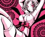  armpits arms_up atlus bow breasts catherine catherine_(game) cherry choker dress drill_hair face food fruit hanikura highres lace lace-trimmed_thighhighs large_breasts looking_at_viewer monochrome mouth_hold naughty_face pink pink_eyes reclining red_eyes sash short_dress short_hair sitting smile solo thigh-highs thighhighs twin_drills zettai_ryouiki 