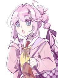  1girl :o ahoge anyoji_hime bag black_ribbon blue_eyes blush_stickers brown_dress commentary dress hair_ribbon hasu_no_sora_school_uniform highres holding_strap hood hooded_jacket itabag jacket link!_like!_love_live! long_hair long_sleeves looking_at_viewer love_live! multi-tied_hair neckerchief open_clothes open_jacket open_mouth pink_hair pink_jacket ponytail ribbon ruoguiling sailor_collar sailor_dress school_uniform shoulder_bag simple_background solo untranslatable_commentary upper_body virtual_youtuber white_background white_sailor_collar winter_uniform yellow_neckerchief 