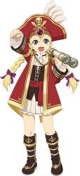  1girl artist_request binoculars blonde_hair blue_eyes boots bow braid brown_boots brown_corset child clenched_hand coat corset dress full_body game_cg gold_trim hair_bow hair_ribbon hand_up hat highres holding holding_binoculars knee_boots long_hair looking_at_viewer official_alternate_costume official_art open_mouth patty_fleur patty_fleur_(pirate_queen) pirate_costume pirate_hat purple_bow purple_ribbon raised_fist red_coat red_hat ribbon simple_background smile solo standing tales_of_(series) tales_of_asteria tales_of_vesperia third-party_source transparent_background white_dress 