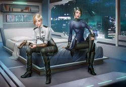  2girls advanced_ship_(eve_online) aircraft arm_support arm_tattoo asymmetrical_hair attack_ship_(eve_online) audia_pahlevi bedroom black_boots black_hair black_pants blanket blonde_hair blue_eyes book bookshelf boots breasts brown_eyes building city_lights closed_mouth clouds cloudy_sky collared_shirt commentary commission crossed_legs damillia_seraph_(theburning1) destroyer_(eve_online) english_commentary eve_online facial_tattoo fingerless_gloves full_body gallente_federation_(eve_online) gloves glowing grey_pants gun handgun hecate_(eve_online) high_heel_boots high_heels highres holding holding_gun holding_magazine_(weapon) holding_weapon indoors knee_boots lips lipstick long_sleeves looking_at_viewer magazine_(weapon) makeup mass_effect_(series) mechanical_arms medium_breasts military_vehicle multiple_girls night nose on_bed pants pillow prosthesis prosthetic_arm rain roden_shipyards_(eve_online) science_fiction shirt short_hair single_mechanical_arm sitting sky skyscraper spacecraft tactical_destroyer_(eve_online) tattoo tech_3_ship_(eve_online) weapon white_shirt window 