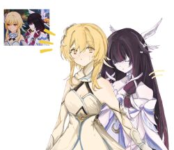  2girls bare_shoulders black_hair blonde_hair closed_eyes closed_mouth columbina_(genshin_impact) dress eye_mask genshin_impact hair_ornament hair_ribbon head_wings highres long_hair lumine_(genshin_impact) mask multicolored_hair multiple_girls multiple_wings purple_hair purple_streaks ribbon ruruchiin simple_background standing streaked_hair two-tone_hair upper_body very_long_hair white_background white_dress white_wings wing_hair_ornament wings x-shaped_eyewear yellow_eyes 