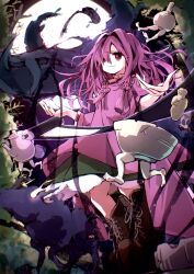  1girl boots bowl brown_boots commentary_request dark_persona green_skirt highres koxapfi4jyljb0d lace-up_boots long_hair long_sleeves motoori_kosuzu motoori_kosuzu_(possessed) open_mouth pink_hair possessed red_eyes scroll skirt smile solo teapot touhou tsukumogami wide_sleeves 