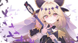  1girl :o antenna_hair black_capelet black_dress blonde_hair brooch bug butterfly capelet commentary_request cure_arcana_shadow diamond_hairband dress frilled_capelet frilled_cuffs frills hair_intakes heart heart_brooch holding holding_rod jewelry long_hair looking_at_viewer magical_girl meitantei_precure! moria_luluka open_mouth pink_eyes precure purple_veil rod tear_arcana_rod tofu1601 veil very_long_hair 