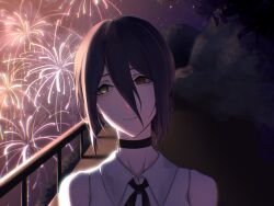  1girl absurdres aerial_fireworks black_choker black_ribbon chainsaw_man choker closed_mouth commentary_request denji_(chainsaw_man) diegulunar eye_reflection fence fireworks grenade_pin hair_between_eyes hair_bun heart_(organ) highres neck_ribbon night outdoors purple_hair reflection reze_(chainsaw_man) ribbon shirt sleeveless sleeveless_shirt solo white_shirt 