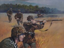  5boys acrylic_paint_(medium) aiming artist_name belt black_belt bolt_action brown_helmet brown_jacket camouflage camouflage_helmet camouflage_jacket chinstrap collared_jacket combat_helmet contrast_collar dated day finger_on_trigger foliage grass grasslands green_helmet green_jacket grey_pants grey_sky gun gun_sling helmet holding holding_gun holding_weapon holster insignia jacket jaroslaw_wrobel long_sleeves looking_afar looking_to_the_side male_focus mauser_98 military military_jacket military_uniform multicolored_jacket multiple_boys nature nazi on_one_knee original outdoors overcast painting_(medium) pants parted_lips plain_epaulettes realistic rifle roman_numeral sky soldier ss_insignia stahlhelm standing svt-40 third-party_source traditional_media waffen-ss war weapon world_war_ii 