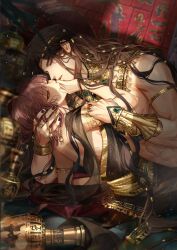  1boy 1girl absurdres armlet bishounen black_nails blurry bracelet bracer braid brown_hair couple curtained_hair game_cg gem gold_trim hand_on_another's_face hetero highres jewelry light_and_night_love looking_at_another looking_at_viewer lu_chen lying muscular muscular_male nail_polish non-web_source official_art parted_lips pink_hair protagonist_(light_and_night_love) red_eyes ring topless_male 