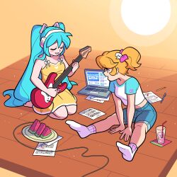  2girls absurdres aqua_hair bare_shoulders barefoot blonde_hair blush_stickers cadence_(necrodancer) carmen_piper closed_eyes computer crossover crypt_of_the_necrodancer cup denim denim_shorts dress drinking_glass drinking_straw electric_guitar guitar hair_ornament hair_tie hatsune_miku headset highres holding holding_guitar holding_instrument instrument kneeling laptop long_hair m@gical_cure!_love_shot!_(vocaloid) multiple_girls official_art on_floor open_mouth ponytail power_cord rift_of_the_necrodancer sheet_music shirt short_hair shorts sitting skull_hair_ornament sleeveless sleeveless_dress socks sunlight t-shirt twintails very_long_hair vocaloid white_socks wooden_floor yellow_dress 