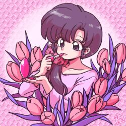  1girl brown_hair commentary_request flower lipstick makeup nail_polish pink_background ranma_1/2 signature smile solo tendou_kasumi wanta_(futoshi) 