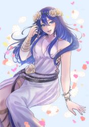  1girl absurdres armlet bare_shoulders blue_eyes blue_hair blush brand_of_the_exalt breasts collarbone commentary_request cross-laced_clothes cross-laced_dress dress falling_petals fingernails fire_emblem fire_emblem_awakening fire_emblem_heroes floral_background gold_armlet gold_bracer gold_thighlet hair_between_eyes hand_in_own_hair head_wreath highres invisible_chair jewelry long_dress looking_at_viewer lucina_(fire_emblem) lucina_(valentine)_(fire_emblem) medium_breasts nekoyashiki_08 official_alternate_costume petals rope_belt side_slit sitting sleeveless sleeveless_dress smile solo symbol_in_eye thighlet twitter_username vine_bracelet watermark white_dress 