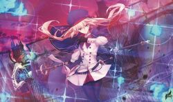  1girl absurdres artoria_caster_(fate) artoria_caster_(second_ascension)_(fate) artoria_pendragon_(fate) belt belt_bag beret black_gloves black_pantyhose blonde_hair blue_cloak blue_hat boots breasts cloak closed_mouth commentary_request diamond_hairband dress fate/grand_order fate_(series) full_body fur-trimmed_cloak fur_trim gloves green_eyes grey_boots grey_gloves grey_hat hat highres holding holding_staff igote long_hair long_sleeves looking_at_viewer o-ring o-ring_belt pantyhose reluvy solo staff staff_of_selection_(fate) twintails vest white_vest 