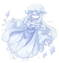  1girl ayaka_488 barefoot blue_dress commentary_request detached_sleeves dress earrings frills full_body grey_eyes grey_hair grey_hat hat highres jellyfish_girl jewelry long_hair looking_at_viewer nihilego personification pokemon simple_background solo tentacle_hair 