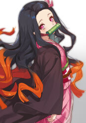  1girl amamiyayk bamboo bit_gag black_hair chinese_commentary commentary_request from_side gag gagged gradient_background gradient_hair grey_background hair_ribbon haori highres japanese_clothes kamado_nezuko kimetsu_no_yaiba kimono kishimen_hair long_hair long_sleeves looking_at_viewer multicolored_hair orange_hair pink_hair pink_kimono ribbon sash sidelocks simple_background solo very_long_hair white_background wide_sleeves 
