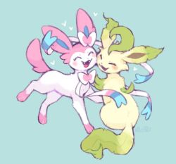  :3 :d ^_^ animal_couple animal_focus aqua_background blush bow cheek-to-cheek closed_eyes commentary couple fangs full_body happy heads_together heart highres leaf leafeon lovewolf5122 no_humans open_mouth pokemon pokemon_(creature) pokemon_focus ribbon simple_background sitting smile standing sylveon untranslatable_commentary 