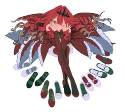  1girl absurdres baobhan_sith_(fate) baobhan_sith_(first_ascension)_(fate) bare_shoulders boots closed_mouth crossed_legs detached_sleeves dress drill_hair fate/grand_order fate_(series) frilled_dress frills full_body green_shoes grey_eyes hands_on_own_cheeks hands_on_own_face hands_up highres long_hair looking_at_viewer one_eye_closed red_boots red_dress red_hair red_shoes red_sleeves shoes sidelocks simple_background sitting solo thigh_boots tiara too_many unworn_shoes white_background white_shoes zhouer_de_wushui 
