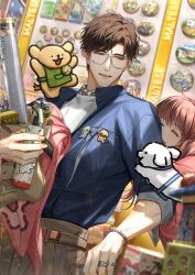  1boy 1girl absurdres bag blue_shirt blurry blurry_background bracelet brown_hair brown_pants curtained_hair food game_cg glasses highres holding holding_bag hug hug_from_behind indoors jacket jewelry light_and_night_love looking_at_another lu_chen non-web_source official_art open_mouth pants pink_hair pink_shirt protagonist_(light_and_night_love) red_eyes ring shirt shop shopping_bag smile standing stuffed_animal stuffed_toy teeth white_shirt 