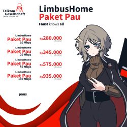  1girl arm_out_of_sleeve black_coat black_jacket black_outline black_pants blue_eyes breasts brown_sweater coat commentary dot_nose english_commentary expressionless fake_ad faust_(project_moon) grey_hair highres indihome_paket_phoenix/streamix_(meme) indonesian_text jacket kotori_trinity large_breasts limbus_company long_sleeves looking_at_viewer medium_hair meme open_clothes open_coat outline pants project_moon solo sweater turtleneck turtleneck_sweater two-sided_coat two-sided_fabric wide_belt 