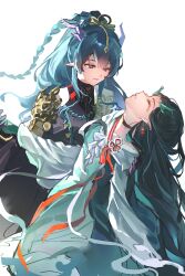  2girls absurdres arknights black_choker black_hair blue_hair braid carrying carrying_person chinese_clothes chinese_commentary choker closed_eyes colored_extremities commentary_request dragon_girl dragon_horns dragon_tail dress dusk_(arknights) dusk_(hazy_jade)_(arknights) earrings eastern_dragon_horns eastern_dragon_tail feet_out_of_frame fyuk green_dress head_back highres holding_hands horns jewelry leaning_back ling_(a_gallant_dream)_(arknights) ling_(arknights) long_hair looking_at_another multicolored_hair multiple_girls official_alternate_costume pointy_ears profile simple_background smile standing streaked_hair tail unconscious white_background 