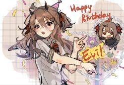  1girl ahoge ame0 black_cardigan black_horns bow bowtie broken_heart broken_heart_hair_ornament camila_(vtuber) cardigan character_name chibi collared_shirt commentary confetti english_commentary evil_neuro-sama fang from_side hair_between_eyes hair_ornament hair_ribbon happy_birthday hat heart heart_hair_ornament highres horns index_finger_raised long_hair minawan neuro-sama open_mouth party_hat red_bow red_bowtie red_eyes red_ribbon ribbon shirt short_sleeves skin_fang two_side_up upper_body vedal987 vedal_ai virtual_youtuber white_shirt 