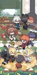  1other 3girls 4boys ? absurdres ahoge alcohol ambiguous_gender angelina_(arknights) animal_ear_fluff animal_ears aosta_(arknights) arknights belt black_coat black_hair black_pants black_shirt blind blonde_hair blue_hair blue_hairband blue_jacket blue_pants braid braided_hair_rings broca_(arknights) brown_hair button_prompt chair champagne champagne_flute chiave_(arknights) chinese_commentary clipboard closed_eyes coaster coat commentary_request crate crimes_against_food cup cutting_board dakoushuishu deformed detached_wings doctor_(arknights) double-parted_bangs dragging drinking_glass energy_wings food fox_ears fox_girl fox_tail fruit gauze gauze_on_face giving_up_the_ghost goggles goggles_around_neck green_eyes grey_hair hair_between_eyes hair_rings hairband halo highres holding holding_clipboard holding_crate holding_pen holding_plate hood hood_up hooded_coat indoors infection_monitor_(arknights) insider_(arknights) jacket juice jumpsuit kitsune knife kyuubi lemon log long_hair long_sleeves medium_hair mother_and_child mother_and_daughter multicolored_hairband multiple_boys multiple_girls multiple_tails mundane_utility necktie nervous_sweating no_scar on_chair open_clothes open_coat orange_(fruit) orange_hair orange_juice orange_slice oven oven_mitts pants parent_and_child peel_(tool) pen pineapple_on_pizza pizza pizza_box plate red_eyes red_hairband red_jumpsuit red_necktie restaurant rug shirt short_hair short_shorts shorts sitting solid_circle_eyes staff_riding striped_clothes striped_hairband suzuran_(arknights) sweat sweatdrop table tail tiger_boy tiger_ears tiger_tail tile_floor tiles traditional_halo twintails two-tone_hairband utility_belt vulpisfoglia_(arknights) white_coat white_halo white_shirt wings wolf_boy wolf_ears yellow_eyes 