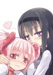  akemi_homura black_hair blush colored_eyelashes eyelashes hairband heart homura_subaru hug kaname_madoka looking_at_viewer mahou_shoujo_madoka_magica multiple_girls pink_eyes pink_hair purple_eyes short_hair short_twintails spoken_heart twintails violet_eyes yuri 