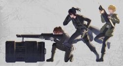  3boys absurdres ahemsehszlfmf aiming black_boots black_coat black_gloves black_hair black_pants blonde_hair boots coat commentary_request dark-skinned_male dark_skin full-stop_office_(identity)_(project_moon) glint gloves grey_background gun hand_up high_ponytail highres hong_lu_(project_moon) in_heat korean_commentary limbus_company multiple_boys open_clothes pants ponytail project_moon rifle sex shell_casing sinclair_(project_moon) sweat weapon yellow_eyes 