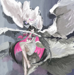  1girl angel_wings bare_legs barefoot black_hair bow closed_eyes closed_mouth columbina_(genshin_impact) dress eye_mask full_body genshin_impact grey_background hair_ornament head_wings highres kitsunetenma long_hair mask multicolored_hair multiple_wings purple_hair purple_streaks ribbon smile solo streaked_hair two-tone_hair very_long_hair white_bow white_dress white_wings wing_hair_ornament wings 