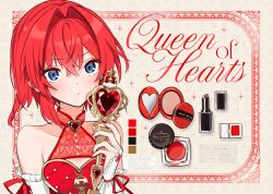 1girl alice's_adventures_in_wonderland ange_katrina aubrey_(kyarairo) bare_shoulders blue_eyes blush border bridal_gauntlets brooch brown_background censored censored_text character_name closed_mouth commentary_request compact_(cosmetics) cosmetics cosplay crossed_bangs fingernails frilled_bridal_gauntlets gold_scepter hair_between_eyes hair_intakes hand_up heart heart_brooch heart_scepter holding holding_scepter inset_border jewelry lipstick long_fingernails looking_at_viewer makeup medium_hair nail_polish nijisanji ornate_border portrait puckered_lips queen_of_hearts_(alice_in_wonderland) queen_of_hearts_(alice_in_wonderland)_(cosplay) red_border red_hair red_nails red_ribbon ribbon scepter solo star_(symbol) virtual_youtuber white_bridal_gauntlets 