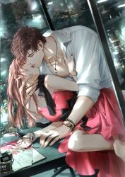  1boy 1girl absurdres alcohol black_bow bow bracelet brown_hair couple cup curtained_hair dress drinking_glass game_cg glass hetero highres indoors jewelry kiss light_and_night_love lu_chen necklace non-web_source official_art open_clothes open_mouth open_shirt pink_dress pink_hair protagonist_(light_and_night_love) red_dress red_eyes red_nails ring shirt spill table watch watch white_shirt window wine_glass 