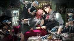  belt black_gloves black_vest brown_hair collared_shirt cup curtained_hair drinking_glass formal_clothes game_cg gem gloves gun handgun highres holding holding_gun holding_weapon jacket jewelry light_and_night_love lu_chen multiple_boys necktie non-web_source official_art pants pencil_skirt pink_hair protagonist_(light_and_night_love) red_eyes red_necktie red_pants ring shirt sitting skirt vest watch watch weapon white_shirt 