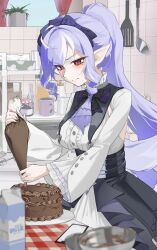 1girl ahoge black_bow bowl cake chocolate_cake corset cup curly_sidelocks curtains frilled_shirt_collar frilled_sleeves frills hair_bow hair_intakes hairband holding holding_pastry_bag icing jam kitchen ladle long_hair long_skirt long_sleeves milk_carton mug pastry_bag phone plate pointy_ears ponytail purple_bow purple_hair red_eyes serious spatula v-shaped_eyebrows vivian_banshee window zenless_zone_zero