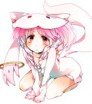  arm_support bad_id cosplay hoodie kaname_madoka kyubey kyubey_(cosplay) kyuubee kyuubee_(cosplay) legs mahou_shoujo_madoka_magica moyakami pink_eyes pink_hair seiza short_hair short_twintails simple_background sitting sleeves_past_wrists solo tail twintails unzipped zipper 