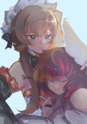  2girls artist_name bare_shoulders black_bow black_collar black_hair black_sleeves blue_background blue_eyes blush bonnet bow brown_hair closed_eyes closed_mouth collar columbina_(genshin_impact) detached_collar detached_sleeves dress eye_mask genshin_impact hair_ornament hair_ribbon head_on_chest head_wings kitsunetenma long_hair long_sleeves mask multicolored_hair multiple_girls purple_hair purple_streaks ribbon sandrone_(genshin_impact) simple_background smile streaked_hair two-tone_hair white_dress white_wings wing_hair_ornament wings yuri 