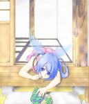  blue_eyes blue_hair chips eating food lying nymph_(sora_no_otoshimono) sora_no_otoshimono twintails wings 