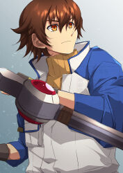 1boy absurdres ao_no_kiseki brown_gloves brown_hair closed_mouth coat commentary_request eiyuu_densetsu gloves hajimari_no_kiseki half_updo highres konohanaillust lloyd_bannings male_focus mullet short_hair simple_background tonfa weapon yellow_eyes zero_no_kiseki 