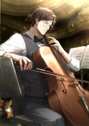  1boy absurdres black_bow black_bowtie black_pants black_vest blurry blurry_background bow bow_(music) bowtie brown_hair cello closed_mouth collared_shirt curtained_hair formal_clothes game_cg glasses highres holding indoors instrument light_and_night_love long_sleeves lu_chen male_focus music non-web_source official_art pants playing_instrument red_eyes sheet_music shirt sitting solo vest violin white_shirt 