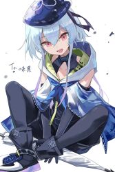  1boy absurdres arknights beret black_boots black_gloves blue_cloak blue_hair blue_hat blue_neckerchief boots cloak closed_umbrella crossed_legs elbow_gloves fang5hine gloves hair_between_eyes hairband hat highres hood jacket jellyfish jellyfish_hair_ornament long_sidelocks looking_at_viewer male_focus mizuki_(arknights) multicolored_hair neckerchief on_ground pantyhose pantyhose_under_shorts pink_eyes print_hairband short_hair short_hair_with_long_locks shorts sidelocks smile solo trap umbrella white_cloak white_umbrella 