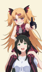  2girls akatsuki_uni artist_self-insert bare_shoulders black_gloves black_hair black_shirt black_skirt black_thighhighs blonde_hair blush breasts carrying commentary_request curtained_hair fang gloves green_eyes grin hair_ornament hairclip hand_on_another's_head hands_on_another's_thighs hands_up highres long_hair looking_at_another looking_at_viewer looking_up medium_breasts miniskirt mizumizu855481 multiple_girls open_mouth outstretched_arm partially_fingerless_gloves purple_shirt purple_skirt purple_thighhighs shirt short_sleeves shoulder_carry simple_background skirt sleeveless sleeveless_shirt small_breasts smile t-shirt teeth thigh-highs thumbs_up two_side_up uni_create upper_teeth_only v-shaped_eyebrows very_long_hair violet_eyes virtual_youtuber white_shirt yellow_background zettai_ryouiki zipper_pull_tab 