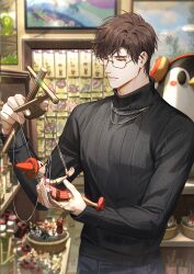  1boy absurdres black_sweater blurry brown_hair character_doll cowboy_shot curtained_hair doll figure game_cg glasses hat highres holding indoors jewelry light_and_night_love long_sleeves lu_chen male_focus necklace non-web_source official_art pants parted_lips picture_frame puppet red_eyes ribbed_sweater shelf smile solo stuffed_animal stuffed_toy sweater toy turtleneck turtleneck_sweater 