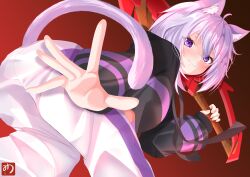  1girl absurdres animal_ear_fluff animal_ears black_hoodie blush cat_ears cat_girl cat_tail closed_mouth commentary_request highres holding holding_sword holding_weapon hololive hood hoodie looking_at_viewer muutsu_(maxwell0916) nekomata_okayu nekomata_okayu_(1st_costume) pants purple_hair smile solo sword tail violet_eyes virtual_youtuber weapon white_pants 