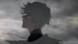  1boy adam's_apple black_shirt blue_eyes cape clouds cloudy_sky commentary_request floating_clothes from_side futsutsuka head_back jitome male_focus parted_bangs parted_lips pince-nez profile qifrey_(tongari_boushi_no_atelier) shirt short_hair sky solo storm tongari_boushi_no_atelier white_cape white_hair 