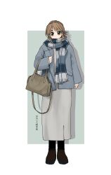  1girl absurdres azumaya_toushirou bag blue_background blue_jacket blue_scarf blush border brown_bag brown_eyes brown_hair brown_shoes closed_mouth commentary_request dress full_body grey_dress hair_bun head_tilt highres jacket long_sleeves looking_at_viewer open_clothes open_jacket original plaid_clothes plaid_scarf scarf shoes simple_background single_hair_bun sleeves_past_wrists solo swept_bangs white_border 