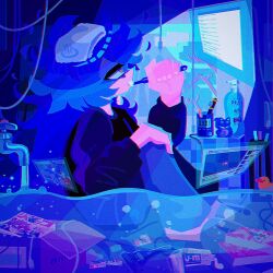  1boy ace_trappola anzu_(1014105) bathroom blue_hair blue_sweater blue_theme box brushing_teeth cable chromatic_aberration commentary_request deuce_spade fate/grand_order fate_(series) faucet fiery_hair film_grain full_body grim_(twisted_wonderland) highres holographic_interface idia_shroud kimetsu_no_yaiba knees_up long_hair looking_to_the_side male_focus manga_(object) messy_room no_lineart sitting slippers solo sweater towel towel_on_head twisted_wonderland very_long_hair water yellow_eyes youtube 