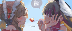  2girls bare_shoulders black_bow black_hair blue_background blush bonnet bow brown_hair closed_eyes closed_mouth columbina_(genshin_impact) eye_mask fork from_side genshin_impact hair_ornament hand_on_own_chin head_wings highres holding holding_fork kitsunetenma long_hair long_sleeves mask multicolored_hair multiple_girls purple_hair purple_streaks ribbon sandrone_(genshin_impact) simple_background smile streaked_hair two-tone_hair very_long_hair white_wings wings x-shaped_eyewear yuri 