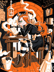 1girl andaerz black_cat black_dress black_thighhighs book boots bow broom brown_boots bucket bug cat cat_girl_(andaerz) character_name coffee coffee_mug copyright_request cup dress green_eyes hair_bow heart highres lamp limited_palette long_hair mug multicolored_thighhighs orange_hair ponytail poster_(object) potion shelf silk skull solo spider spider_web stool striped_clothes striped_thighhighs table thigh-highs two-tone_thighhighs white_bow white_thighhighs window 