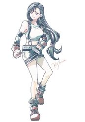  1girl bare_legs belt black_hair black_skirt black_sleeves black_socks boots breasts closed_mouth crop_top detached_sleeves earrings final_fantasy final_fantasy_vii fingerless_gloves full_body gloves hair_behind_ear highres jewelry long_hair looking_to_the_side low-tied_long_hair medium_breasts michibata_65 midriff miniskirt red_boots red_eyes red_gloves signature skirt socks solo suspender_skirt suspenders tank_top teardrop_earrings tifa_lockhart white_background white_tank_top 