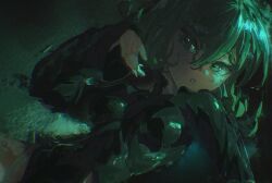  1girl breasts commentary english_commentary green_eyes green_hair hair_between_eyes looking_at_viewer lying medium_hair messy_hair narrow_waist on_side one-punch_man small_breasts solo stegart tatsumaki 