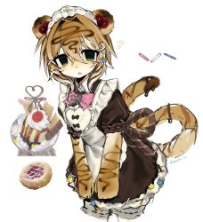  1girl animal_ears animal_hands apron back_bow black_dress blonde_hair blush bow candy cherry chocolate collar cream dress dress_ribbon food frilled_apron frilled_thighhighs frills fruit granulated_sugar green_eyes hair_ornament hairclip highres ice_cream maid maid_headdress mellt_1c open_mouth original photo_inset pink_ribbon puffy_short_sleeves puffy_sleeves ribbon short_sleeves standing star_(symbol) star_hair_ornament star_print tail thigh-highs third-party_source upper_body white_apron white_background 