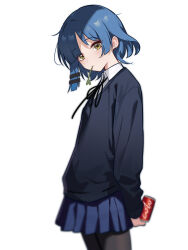  1girl absurdres amamiyayk black_pantyhose black_ribbon blue_hair blue_skirt bocchi_the_rock! chinese_commentary closed_mouth cola collared_shirt commentary_request cowboy_shot earrings eating from_side hair_ornament hairclip highres holding jewelry long_sleeves looking_at_viewer messy_hair mole mouth_hold neck_ribbon pantyhose parallel_hairclips pleated_skirt ribbon shirt short_hair simple_background skirt solo stalk_in_mouth sweater white_background white_shirt yamada_ryo yellow_eyes 
