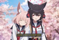  2girls absurdres animal_ears armband blue_archive blue_halo blue_sailor_collar blue_skirt brown_hair closed_eyes commentary_request fox_ears fox_girl hair_between_eyes halo headset highres jasmin7755 light_smile long_hair looking_at_viewer medium_hair multiple_girls neckerchief niko_(blue_archive) pink_hair red_armband red_eyes red_halo red_neckerchief sailor_collar school_uniform serafuku shirt skirt translation_request white_armband white_shirt yukino_(blue_archive) yuri 