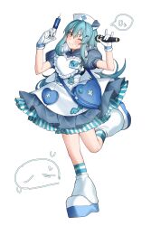  1other absurdres androgynous apron bag blue_bag blue_dress blue_hair blush clenched_teeth colored_eyelashes cross doodle_inset dress frilled_apron frills full_body gloves hair_ornament hat heart heart-shaped_bag heart_apron highres holding holding_microphone holding_syringe leg_up long_hair looking_at_viewer microphone nurse_cap one_eye_closed other_focus petticoat platform_shoes pome_56 puffy_short_sleeves puffy_sleeves rimuru_tempest shoes short_sleeves shoulder_bag sidelocks simple_background skirt slime_(creature) socks solo spoken_sweatdrop standing standing_on_one_leg striped_clothes striped_skirt striped_socks sweatdrop syringe teeth tensei_shitara_slime_datta_ken tenshi_kaiwai white_apron white_background white_gloves wing_ornament wings yellow_eyes 